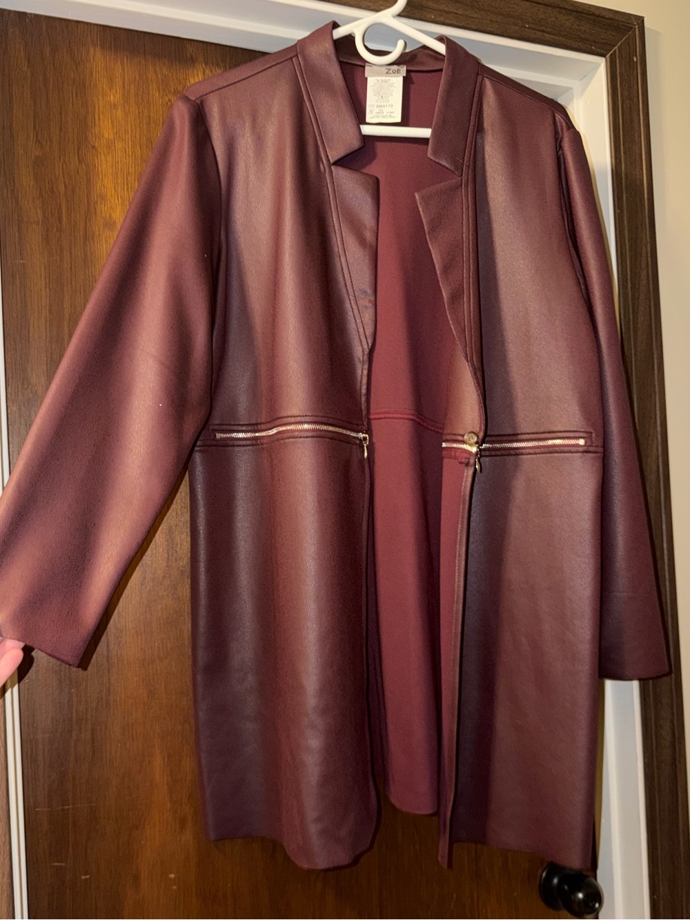 NWOT Large Women’s Burgundy Faux Leather Open Front Coat. Light Weight
